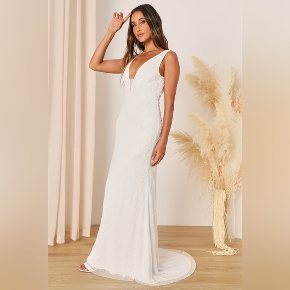 Lulus-Cherished Destiny White Sequin Beaded Mermaid Maxi Dress (Small) - Picture 3 of 6